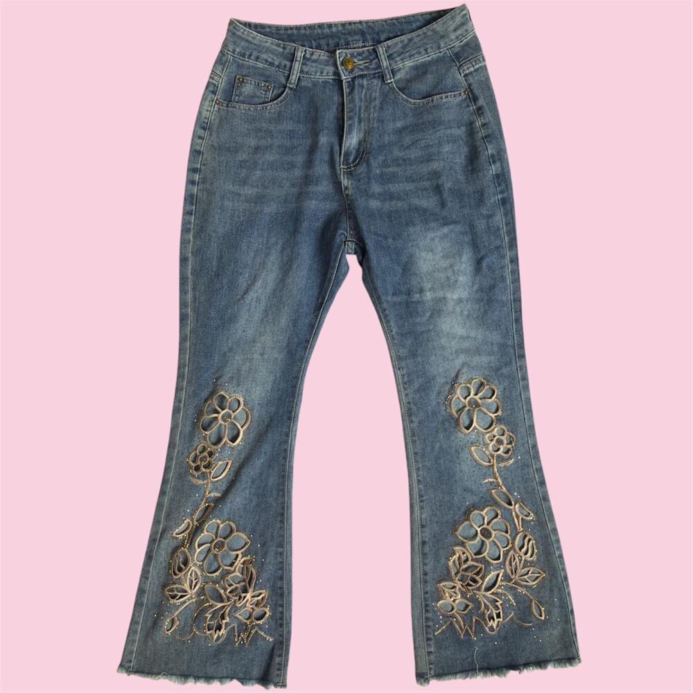 Y2K Blue denim flare jeans with gold floral embroidery on the lower legs